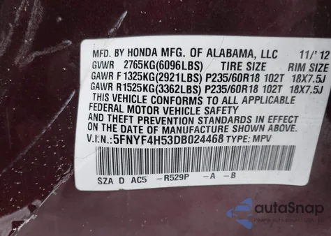 2013 Honda Pilot Ex-L из США, поврежденный, VIN 5FNYF4H53DB024468